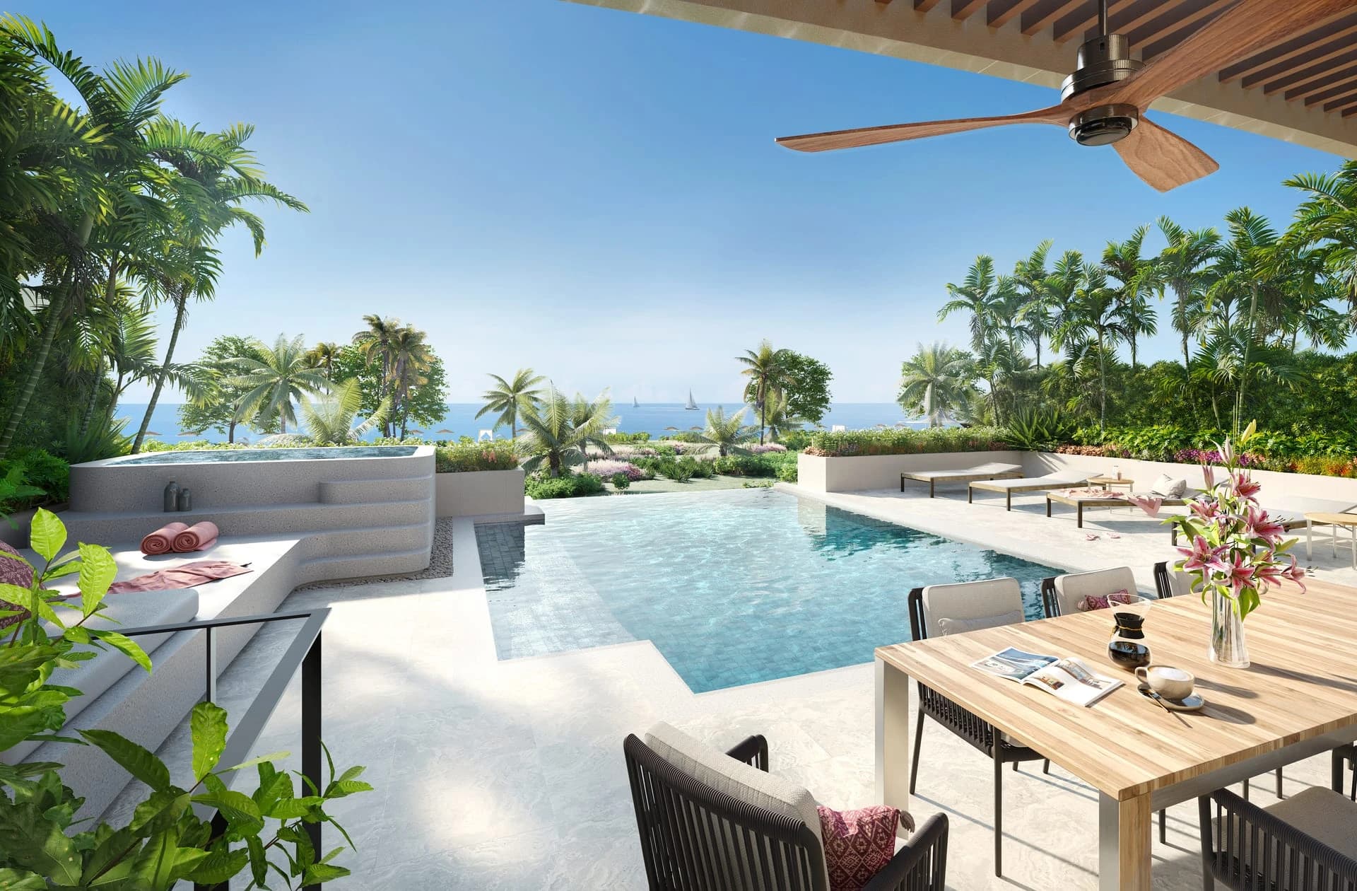 Versprochen: die obere Terrasse mit Pool, Whirlpool und der Andamanensee am Horizont