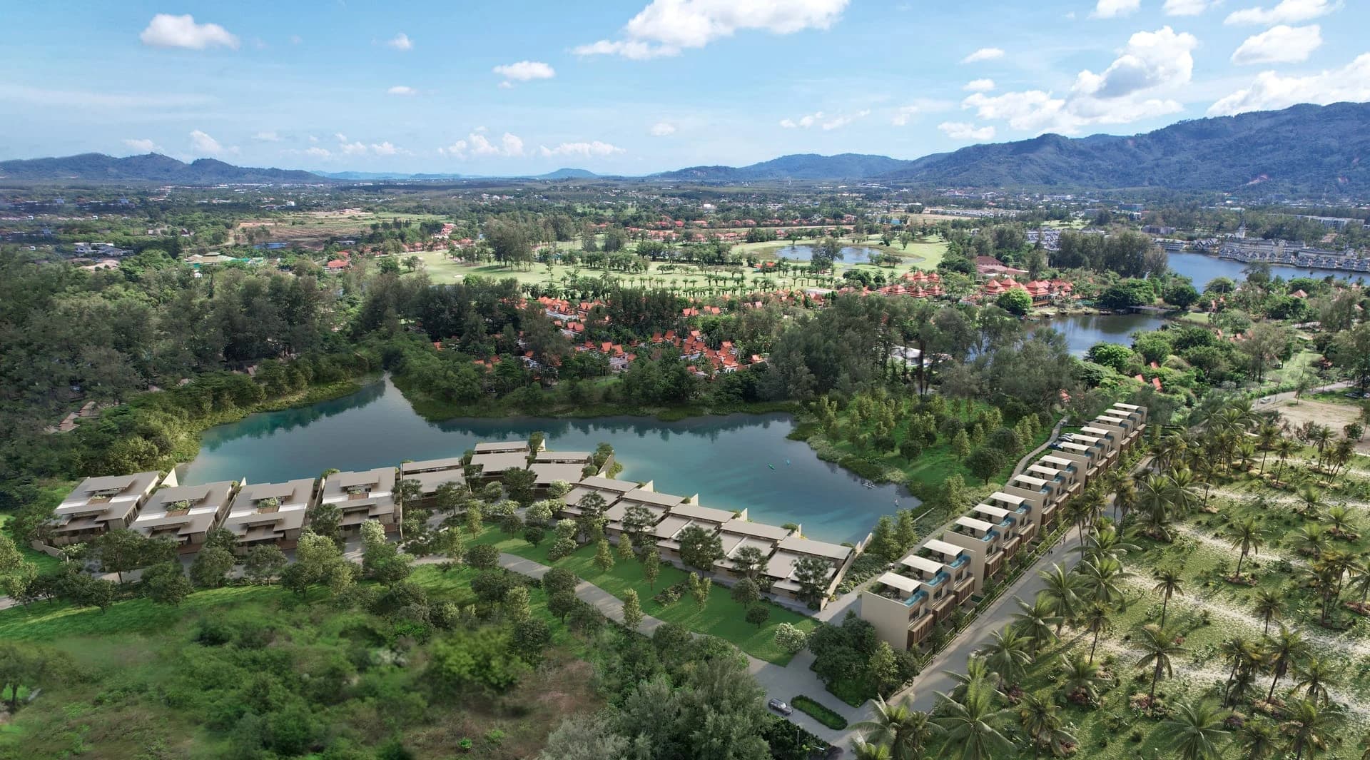 วิลล่า Yara ทั้งสิบสองหลังริมลากูน Banyan Tree สนามกอล์ฟ Laguna และเนินเขาด้านหลัง