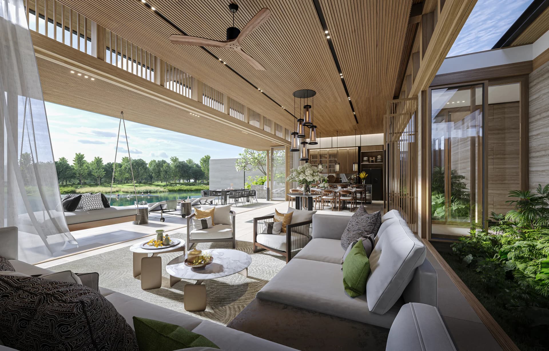 Three-bedroom villa, the type of Villa V1: the living room opens to the terrace, the pool and the lagoon